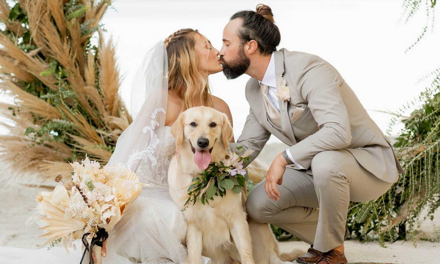 A bride and groom kissing