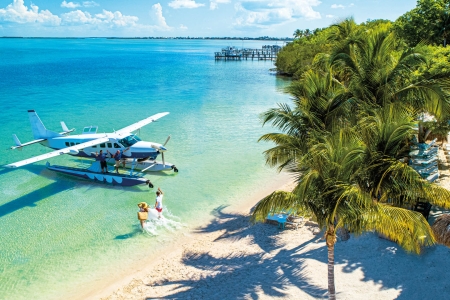 a seaplane and a couple on the beach