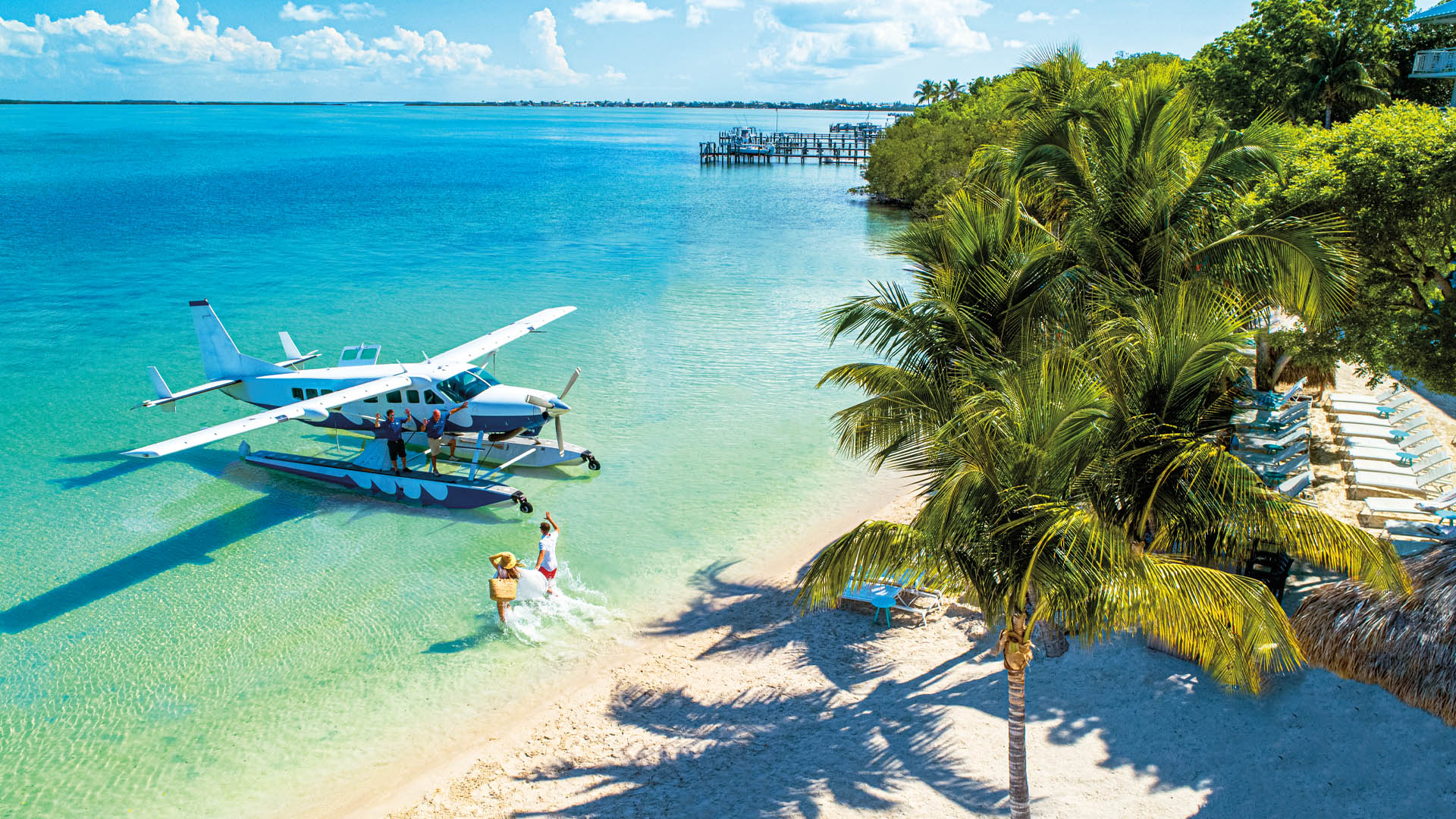 a seaplane and a couple on the beach