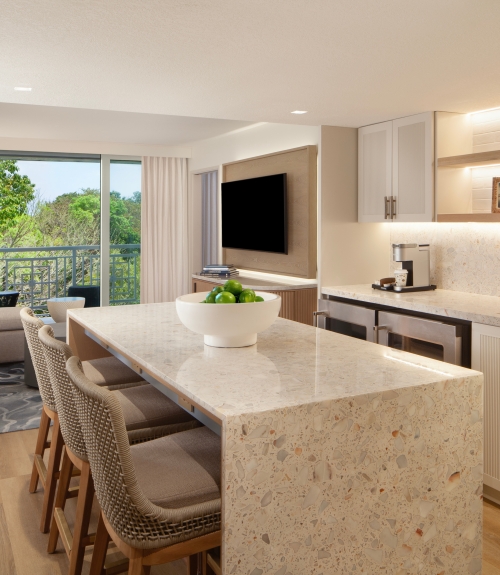 suite living space with comfortable seating and kitchen