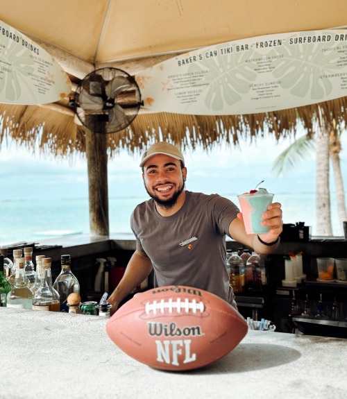 Superbowl Sunday 2026, server at the Tiki Bar. Baker's Cay Resort