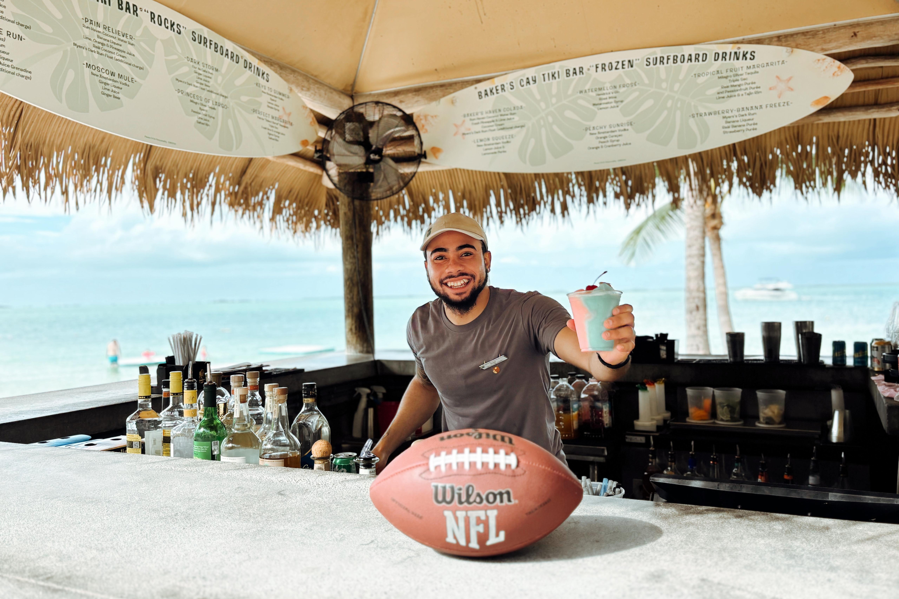 Superbowl Sunday 2026, server at the Tiki Bar. Baker's Cay Resort